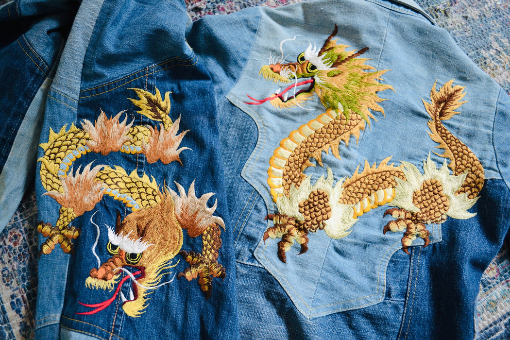 70s Authentic Vintage Patchwork Denim Shirt Bell Bottom Jeans Pants Embroidered Dragon Jeans Denim Shirt Set XS Small Paradox Bloomingdales
