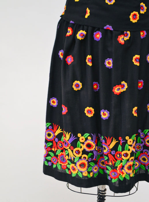 70s 80s Vintage Embroidered Boho Shirt Skirt Dress Set Small Black Cotton Floral Boho Shirt Skirt Embroidered Floral Dress Sara Fredericks