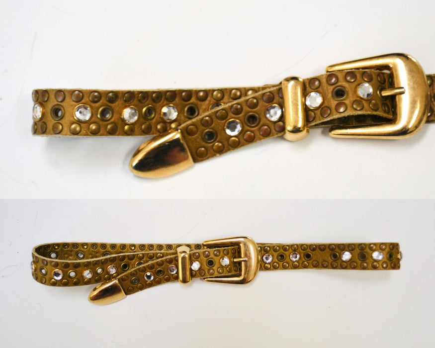90s 2000s Vintage Gold Rhinestone Belt Brown Leather Gold Rhinestone Belt Small 29" Rhinestone Studded leather Belt