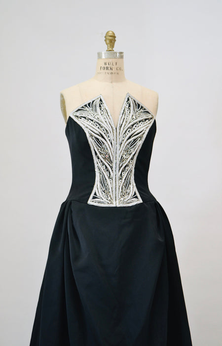 Vintage Bob Mackie Black Evening Ball Gown Small Medium Black Beaded Strapless Evening Gown Dress 90s 00s Dress Beaded Strapless Ball Gown