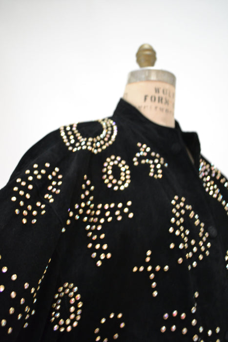 90s Vintage Black Leather Jacket Gold Studded Rhinestone Jacket By Kathrine Baumann  Black Suede 80s Glam LOVE Leather Jacket Medium Large