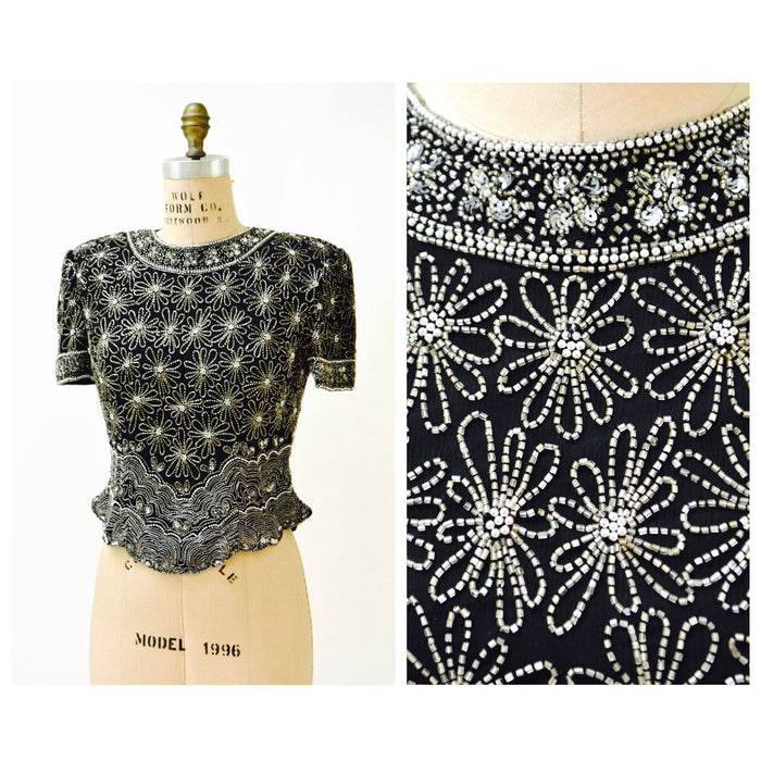 90s 00s Vintage Black Metallic Silver Beaded Sequin Top Shirt Medium Daisies Flowers// Vintage Sequin Beaded Top Medium Flapper Inspired