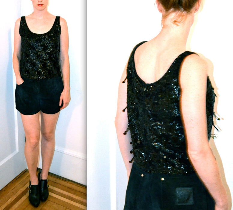 Vintage Black Sequin Top Size Medium// 60s Black Fringe Sequin Shirt Blouse Shirt Size Medium Black Beaded Fringe Tank Top