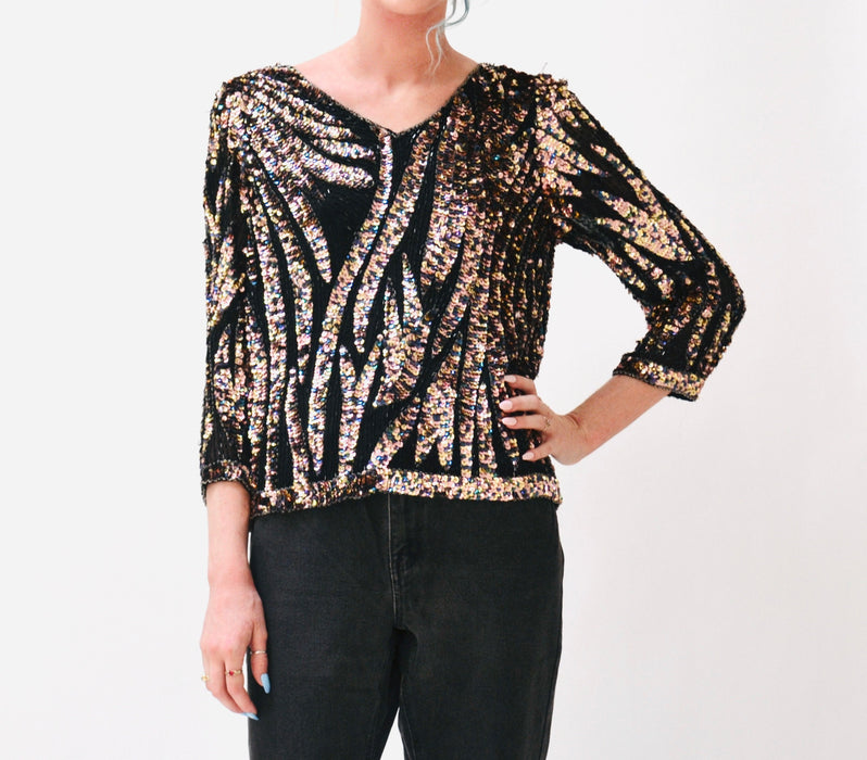 Vintage 80s Metallic Sequin Zebra Shirt Small Medium Black Gold// Vintage 80s Disco Glam Sequin Shirt Gold Black Zebra Stripe Iridescent