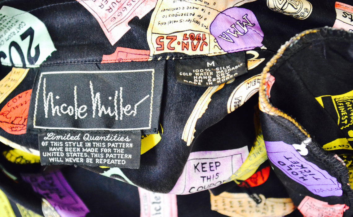90s Vintage NYC Shirt Nicole Miller Silk Shirt New York CITY Tickets Pop Art Bottom of Your Purse Print Medium// Vintage NYC Silk Shirt