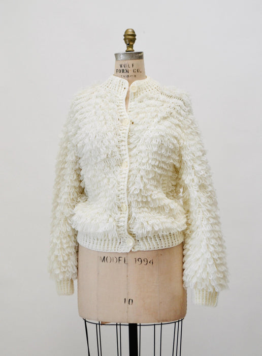 70s Vintage Cream White Loop Knit Shag Sweater Cardigan Small Medium Vintage Wedding Faux Fur Sweater Cardigan by J Gallery White Sweater