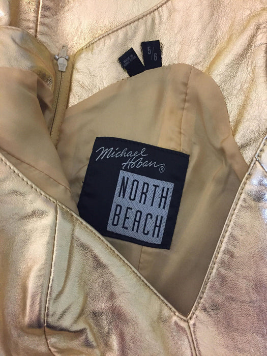 90s Metallic Gold Leather Dress by Michael Hoban North Beach Leather// 90s Leather Dress Gold Size XS Small