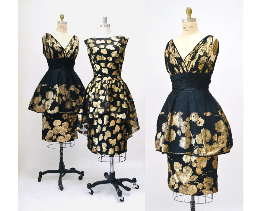 60s Vintage Black Gold Metallic Lillie Rubin Party Cocktail Dress Small //Vintage Black Gold Pin Up Party Dress vintage Designer Party Dress