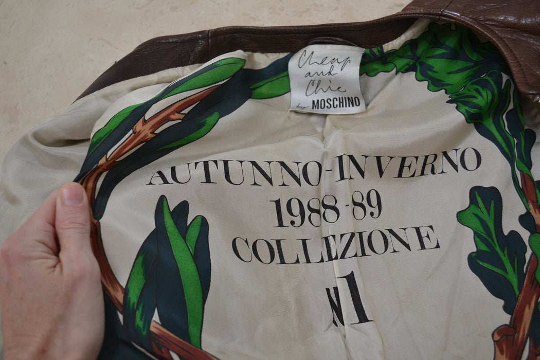 80s 90s Vintage Moschino Brown Leather Jacket With Zipper Trim Cheap and Chic Made in Italy// 80s Browns Leather Jacket Biker Medium Large