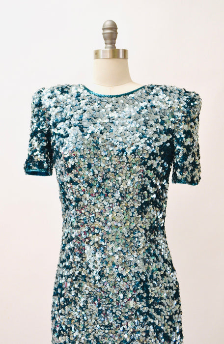 80s 90s Glam Vintage Blue Sequin Dress Size Small Blue Metallic Sequin 80s 90s Prom Party Dress// 80s Vintage Blue Trophy Pageant Dress