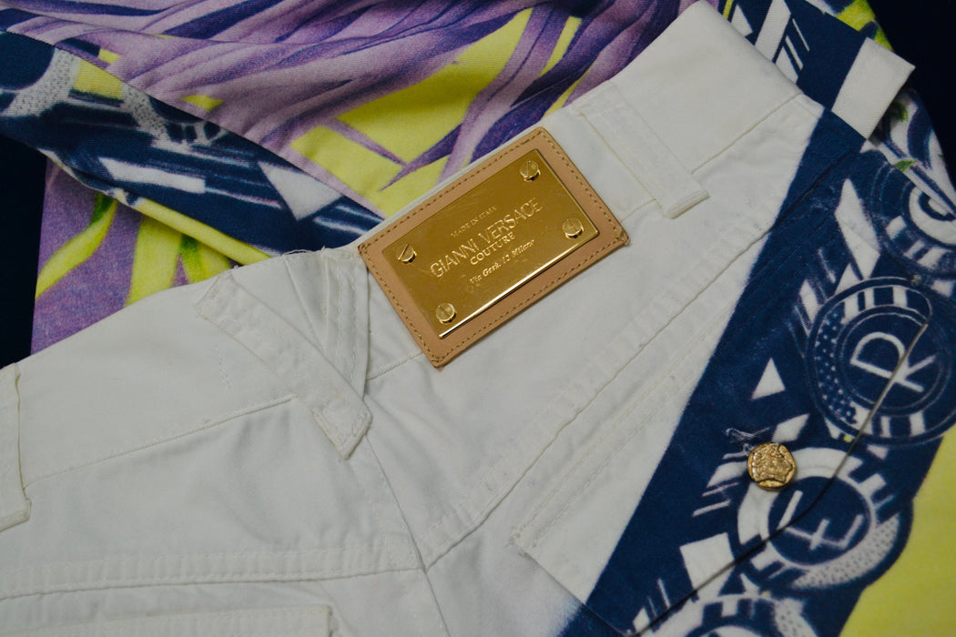 90s Vintage Versace Pants Jeans White Blue Yellow Printed Versace Pants Size 32 Italian Vintage Fashion Designer Size Small Medium