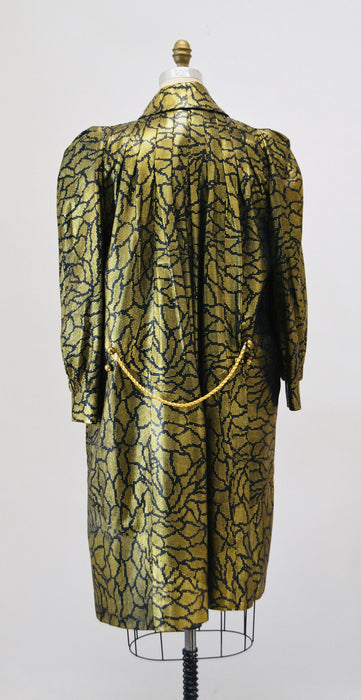 80s Vintage Black Gold Long Leather Jacket Trench Coat Black Gold Metallic Leather Swing coat Jacket Medium 80s Lillie Rubin Size 8