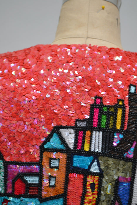 90s Vintage Jeanette Kastenberg Platinum Sequin Picasso Romero Britto Brazilian Miami Cubism Inspired Red Sequin Beaded Jacket Medium
