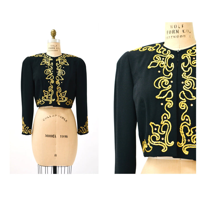 80s 90s Glam Vintage Black Gold Jacket Rhinestone Embroidered metallic Jacket Medium// Black Cropped Jacket Steven Stoller Metallic Medium