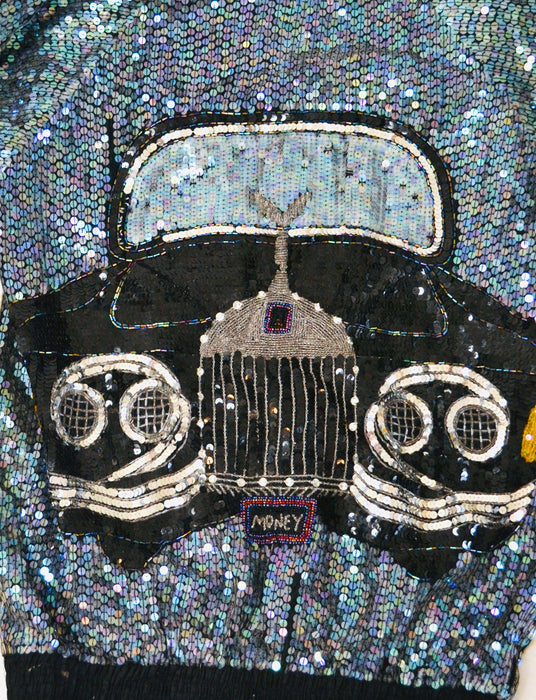 80s 90s Vintage Sequin Jacket with Rolls Royce Car Hologram Sequin Jacket small// Vintage Black Sequin Bomber Jacket Small Medium by Modi