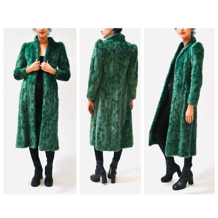 Vintage Green Mink Fur Jacket Coat By Henri Bendel New York XXS XS // Stunning 80s 90s Dark Green Long Fur Coat Jacket