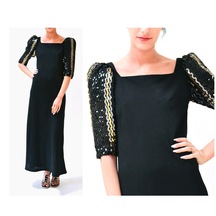 70s 80s Vintage Black Sequin Long Dress by Lillie Rubin Small Medium// Vintage Disco Metallic Silver Gold Black Sequin Dress Evening Gown