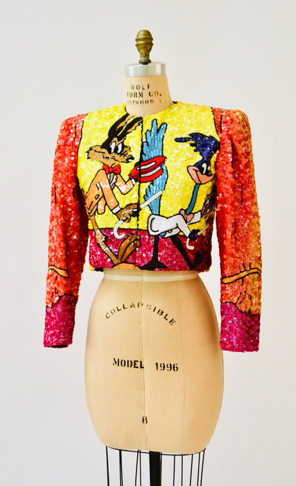 90s Vintage Jeanette Kastenberg Platinum Sequin Jacket Looney Tunes Warner Brothers Cartoon Beaded Jacket Medium Wile E. Coyote Road Runner