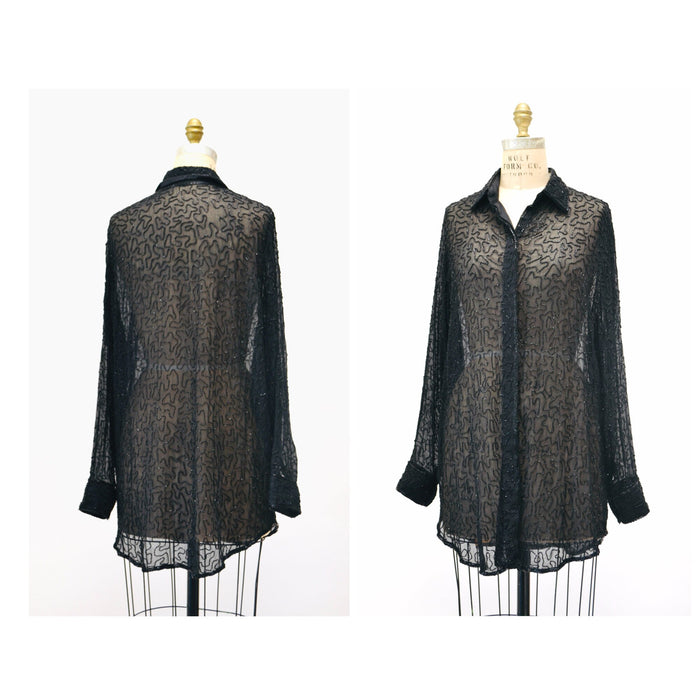 90s Vintage Black Silk Chiffon Beaded Shirt Button Down Black Sheer Silk Top Size Medium Lillie Rubin Sheer Black Long Sleeve Shirt