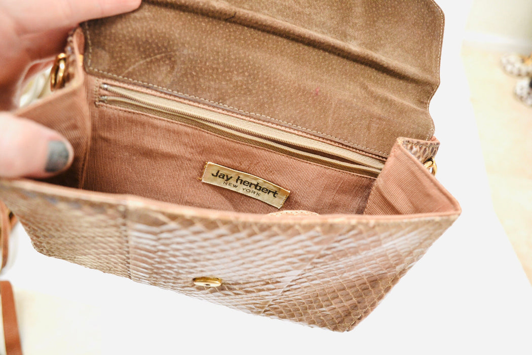 80s Vintage Tan Brown Leather Clutch Bag Purse Snakeskin Python// 80s Tan Camel Leather Snake Skin Bag Purse Jay Herbert