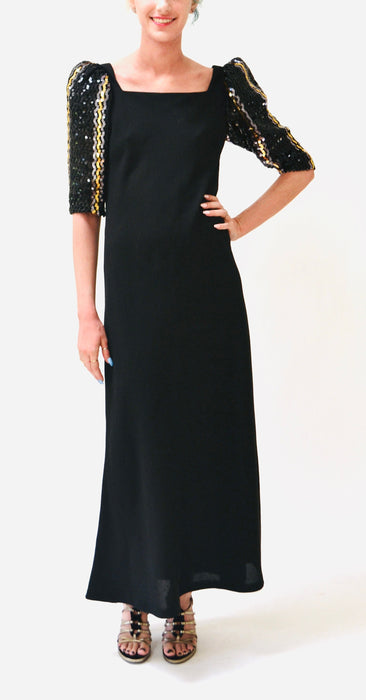 70s 80s Vintage Black Sequin Long Dress by Lillie Rubin Small Medium// Vintage Disco Metallic Silver Gold Black Sequin Dress Evening Gown
