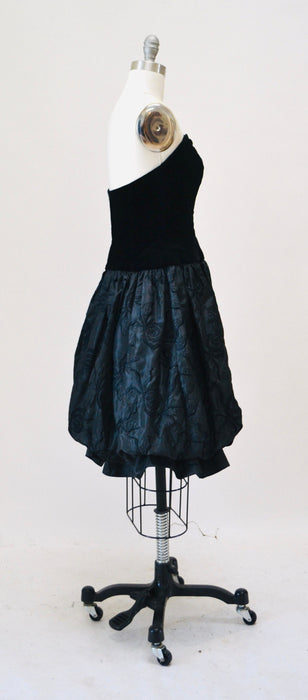 80s 90s Black Strapless Party Dress Vintage Velvet Coctail Party Strapless Dress XS Small By Fred France Paris Black party Dress Small
