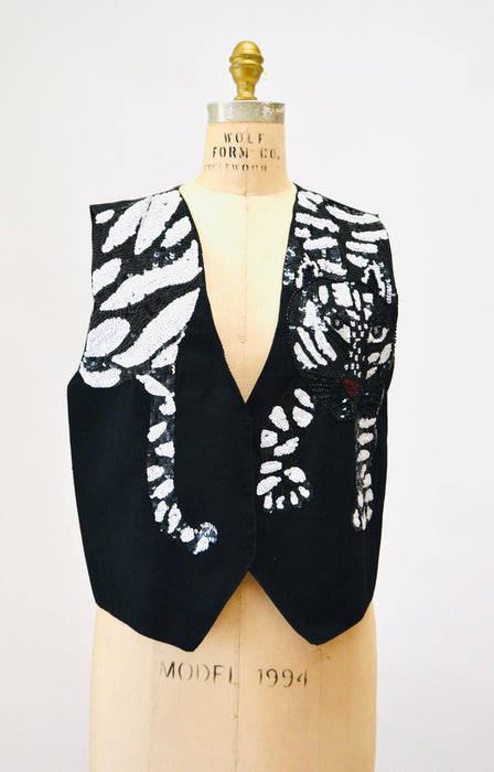 Vintage Black Sequin Vest Tiger Big Sequin Vest Cat Animal Ringmaster Circus Vest Top// Vintage Metallic Sequin Vest TIGER BLack White