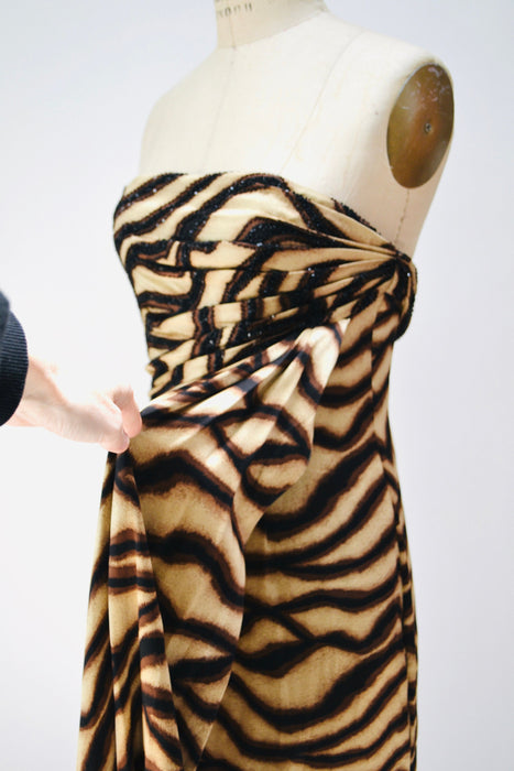 2000s y2k Vintage Bob Mackie Gown Dress Zebra Animal Print Beaded Dress Strapless Silk Evening Gown Small Medium Bob Mackie Pageant Dress