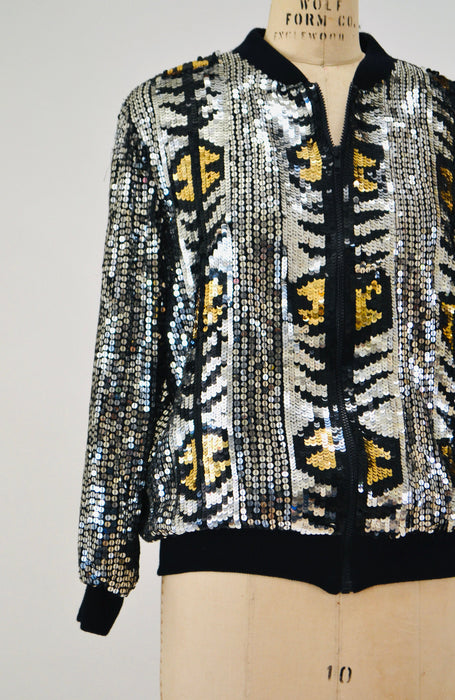 Vintage 80s 90s Silver Sequin Party Bomber Jacket Metallic Jacket Medium large// Vintage 80s 90s Party Metallic Silver Gold Sequin Jacket