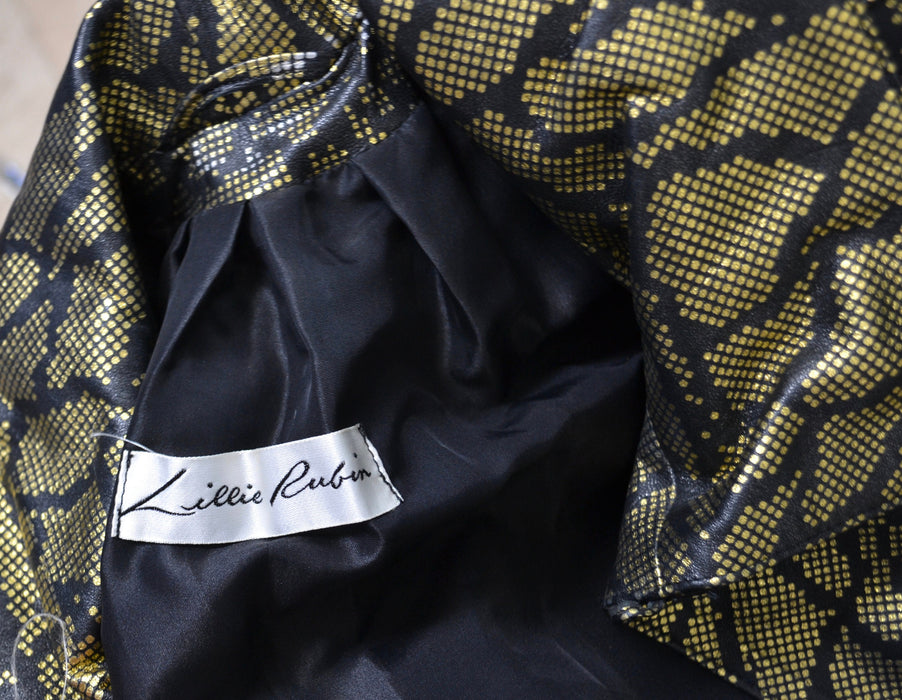 80s Vintage Black Gold Long Leather Jacket Trench Coat Black Gold Metallic Leather Swing coat Jacket Medium 80s Lillie Rubin Size 8