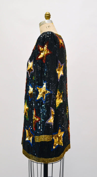 80s 90s Vintage Star Sequin Beaded Jacket Black Gold Metallic Star Sequin Jacket Medium// 80s 90s Glam Vintage Party Sequin Jacket Stars