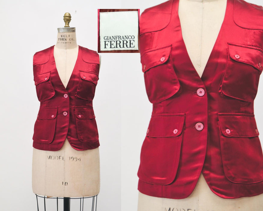 80s 90s Vintage Red Burgundy Satain Vest Medium by Gianfranco Ferre Vest Red Satin Cargo Vest Designer vintage Womens Red Gilet Vest Small