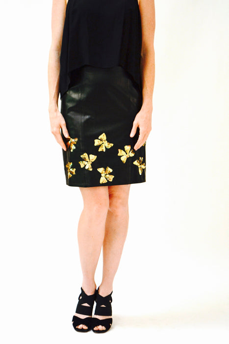 Vintage Black Leather Skirt Size Small Metallic Gold Sequin Bows Black leather Skirt 80s Glam By Lillie Rubin