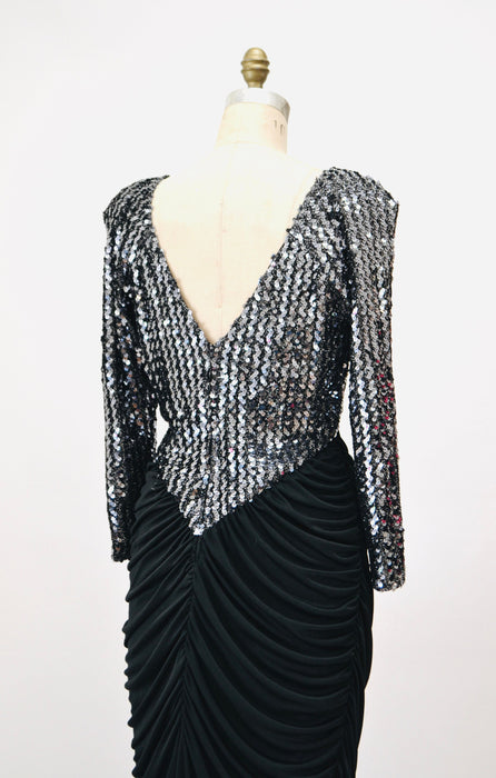 70s 80s Vintage Black Stretch Disco Sequin Dress Medium// 70s 80s Black Metallic Sequin Sexy Knit Dress 70s Disco Party Body Con Dress