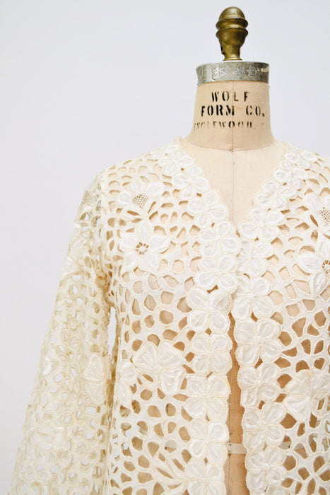 Vintage Cream Off White Cotton Eyelet lace Jacket Duster Cream Lace Jacket Beach Cover up Small Medium Lace Beach Wedding Jacket Rustans