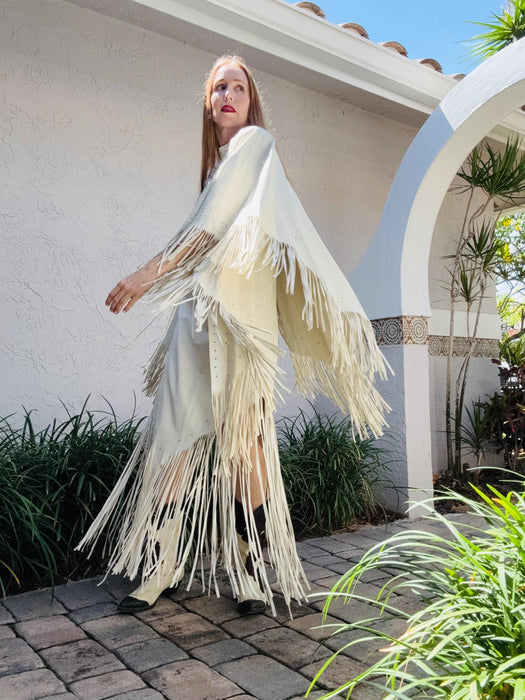 70s 80s Vintage White Leather Fringe Dress and Fringe Leather Cape 80s Country Music Western Wedding Cowgirl Dress by Mandana Medium