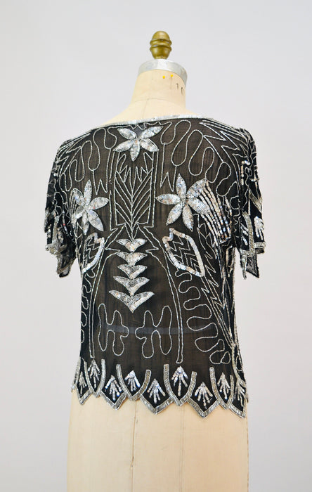 70s 80s Glam Vintage Black Silver Sequin Top Shirt Small Medium Art Deco Flapper Disco Inspired Metallic Sequin Top Silver Black Silk