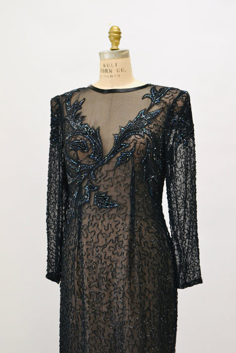 90s Vintage Black Beaded Sequin Party Dress Medium Large// 80s 90s Pageant Formal Black beaded Dress long sleeves Large Silk LIllie Rubin