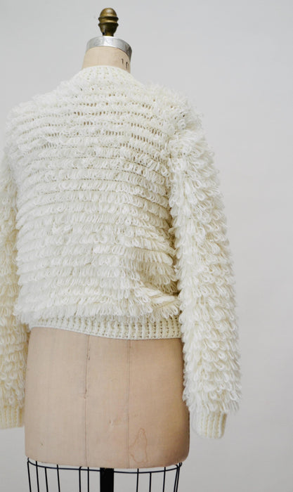 70s Vintage Cream White Loop Knit Shag Sweater Cardigan Small Medium Vintage Wedding Faux Fur Sweater Cardigan by J Gallery White Sweater