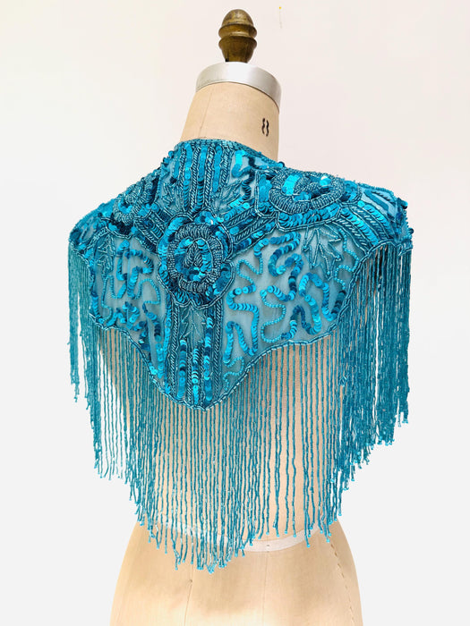90s Vintage Turquoise Blue Beaded Fringe Shawl Wrap Burlesque Wedding Flapper Blue Metallic Beaded Vintage Fringe Collar Showgirl
