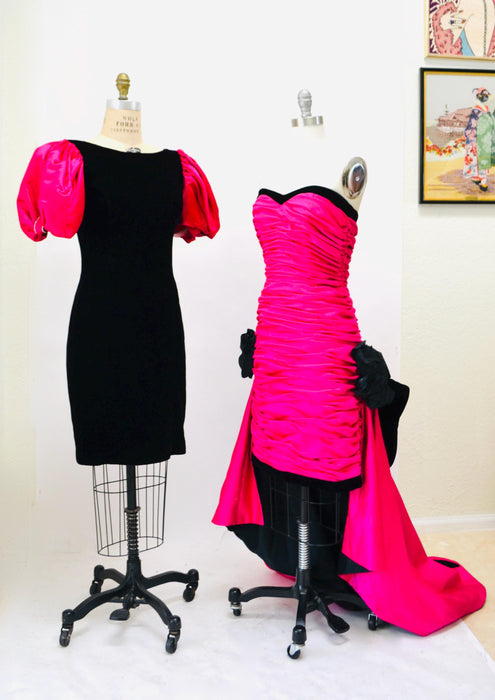 Vintage Black Pink 80s Prom Party Dress // Vintage 80s Party Pink Barbie Costume Dress Small Medium Black Velvet Pink Poof Sleeve Dress