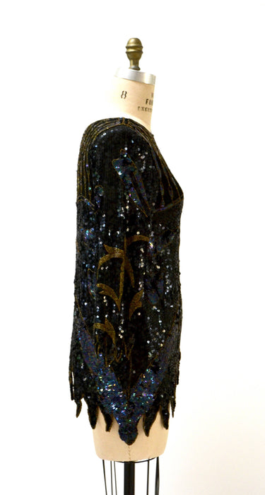 Vintage Metallic Sequin Shirt Black Art Deco Flapper Inspired Gold Palm Tree // 80s Vintage Beaded Shirt Top Black Sequins Small