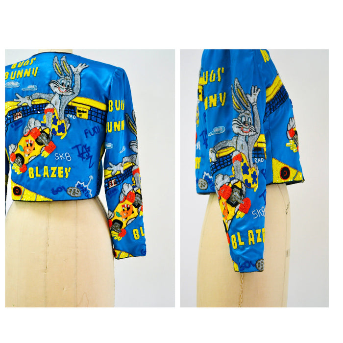 90s Vintage Jeanette Kastenberg Sequin Beaded Jacket Looney Tunes Bugs Bunny Skater Taz Cartoon Beaded Jacket Small Medium Blue Yellow