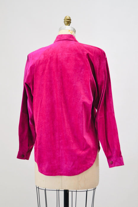 Vintage 90s Bright Pink Leather Shirt Button Down Sueded Leather Shirt Long Sleeve Top Leather Blouse Top Large 90s Pink Fuchsia Suede Shirt