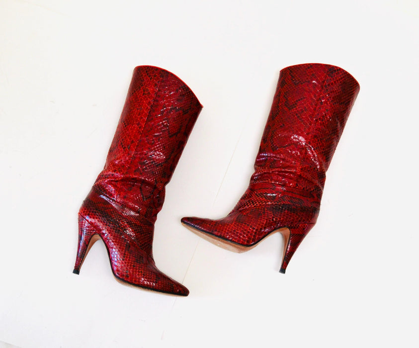 80s Vintage Red Snake Skin Embossed Leather High Heel Boots 6  Leather High Heel Black Boots Pointed Toe Boots Made in Italy