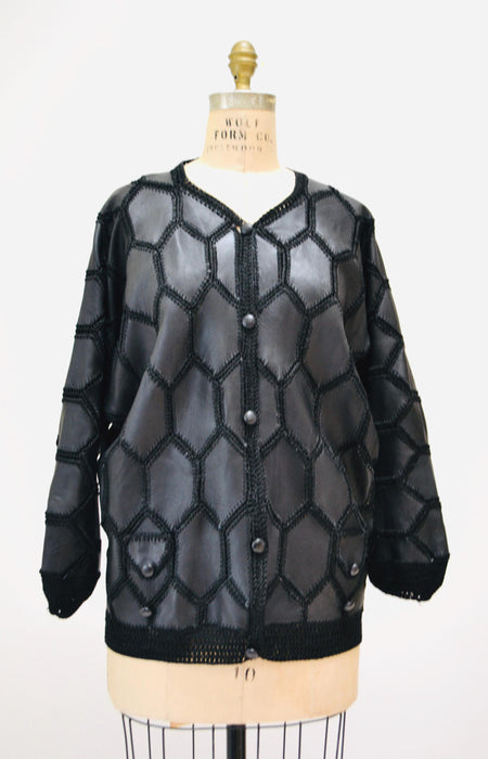 70s 80s Vintage Black Leather Jacket Patchwork Granny Square Leather Jacket Cardigan Sweater Small Medium Black Leather PatchWork Jacket