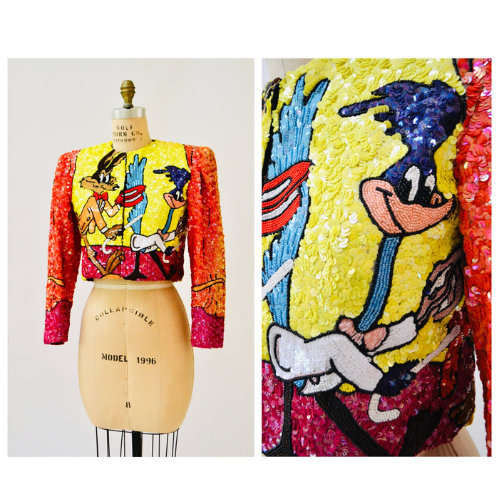 90s Vintage Jeanette Kastenberg Platinum Sequin Jacket Looney Tunes Warner Brothers Cartoon Beaded Jacket Medium Wile E. Coyote Road Runner