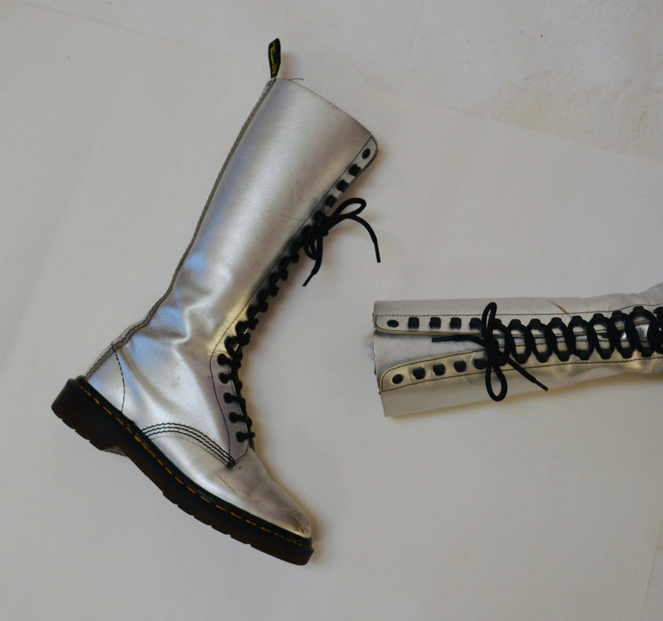 90s Dr. Martens Boots Women Size 6 Metallic Silver Boots Lace up knee high Boots// Vintage Doc Marten Silver Boots Size 5 UK Made in England