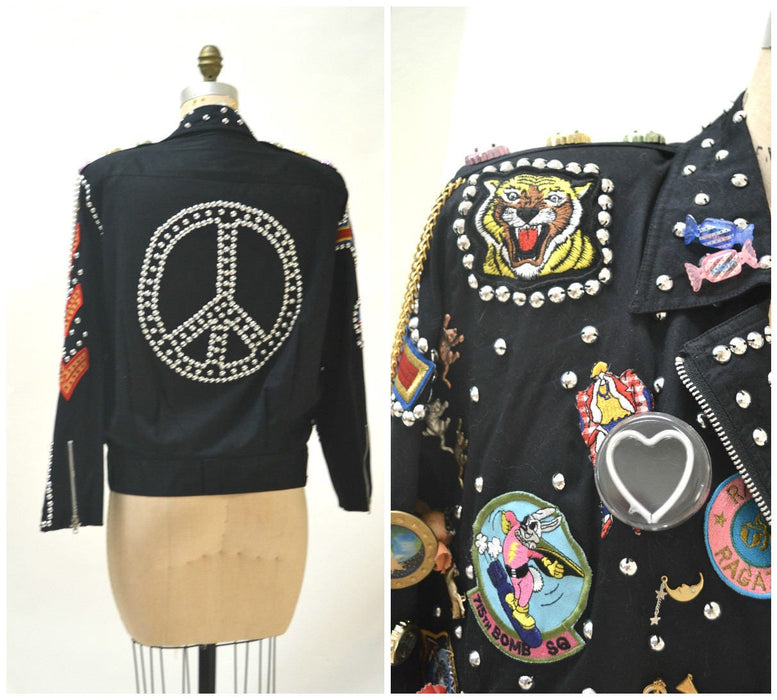 90s Vintage Patch Jacket Studded Metallic Pin Button Jacket Hearts Peace Sign Bonnie Boerer Pop art American USA football Flag Heart Jacket