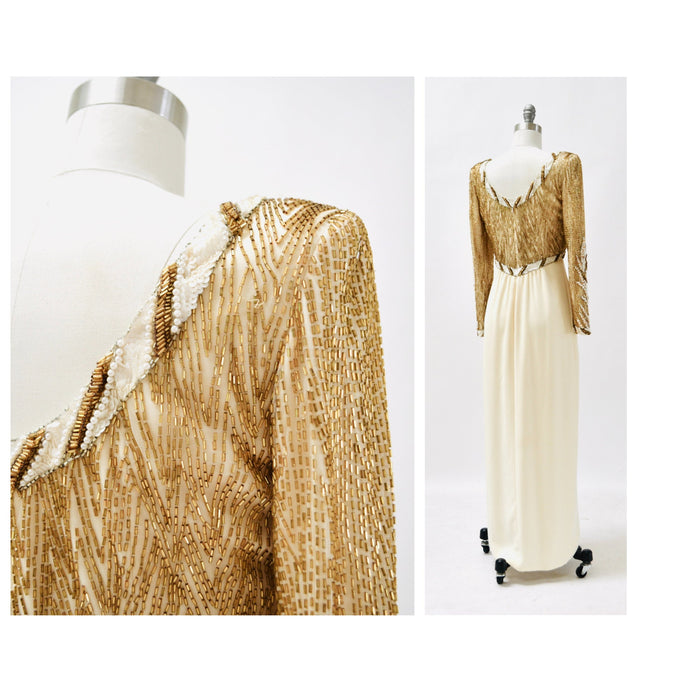 80s 90s Vintage BOB MACKIE White Cream Beaded Gold Sequin Gown Dress Size Small// Vintage Wedding Gown Beaded Long Sleeve Pageant Dress